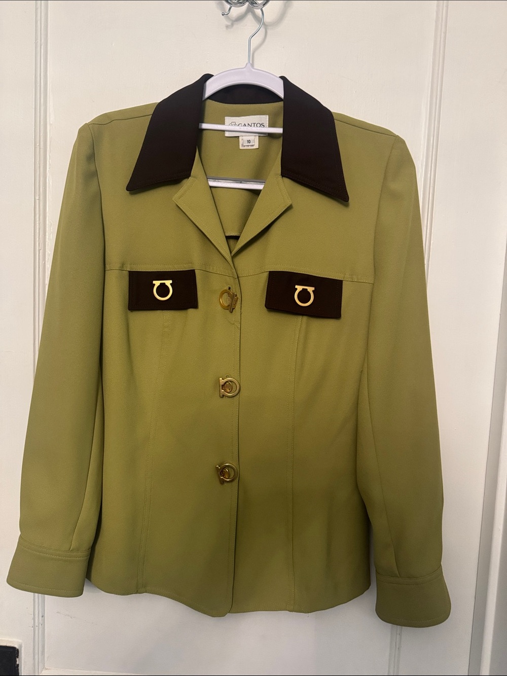 Olive Green Contrast-Collar Blazer with Gold Hardware